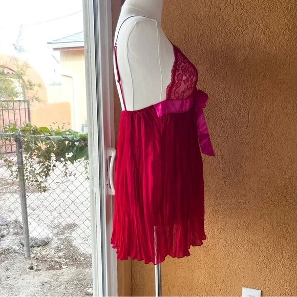 ♥️✨♥️ NFS Victoria’s Secret Pink Bow Red Lace Pleated Babydoll Flyaway Lingerie - Picture 4 of 5